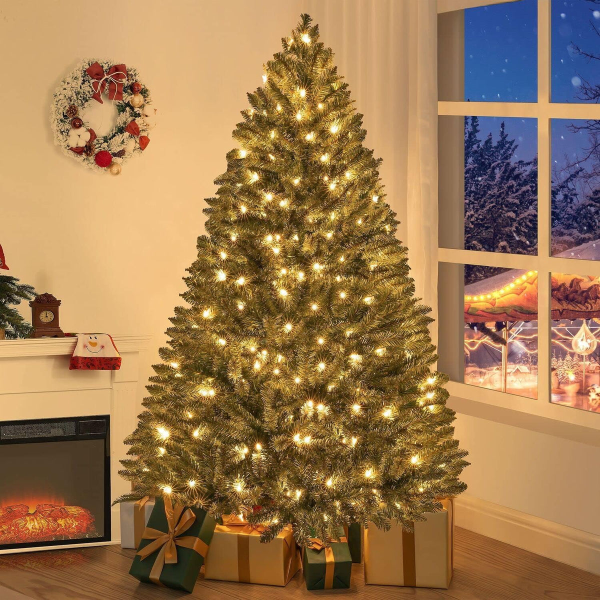 Prague 6.5ft Prelit Artificial Christmas Tree with Foot Pedal, 1197 Branch Tips, 450 Warm Lights