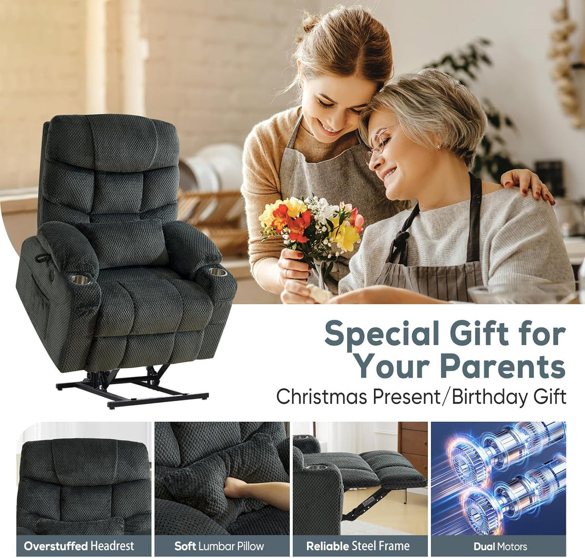 Oversized Dual Motor Lay Flat Power Lift Recliner Chair with Massage, Heating, Lumbar Pillow, USB &