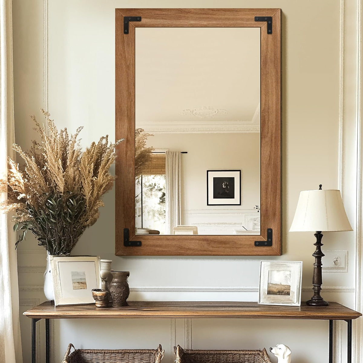 Bathroom Mirror for Wall with Wooden Frame, 20"x28" Solid Wood Vanity Mirror for Farmhouse