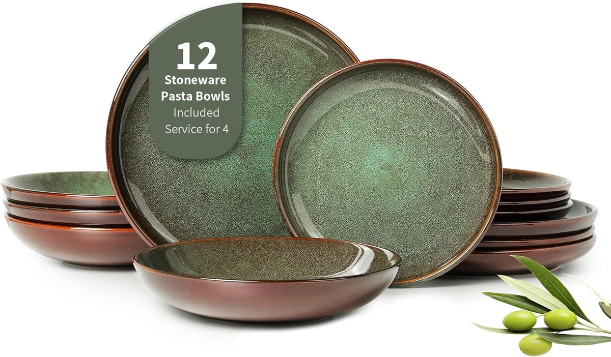 12 Piece Dinnerware Sets with Pasta Bowls, Stain Resistant Dish Set, Easy Cleaning Dishes