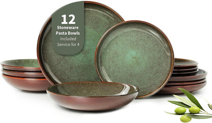 12 Piece Dinnerware Sets with Pasta Bowls, Stain Resistant Dish Set, Easy Cleaning Dishes