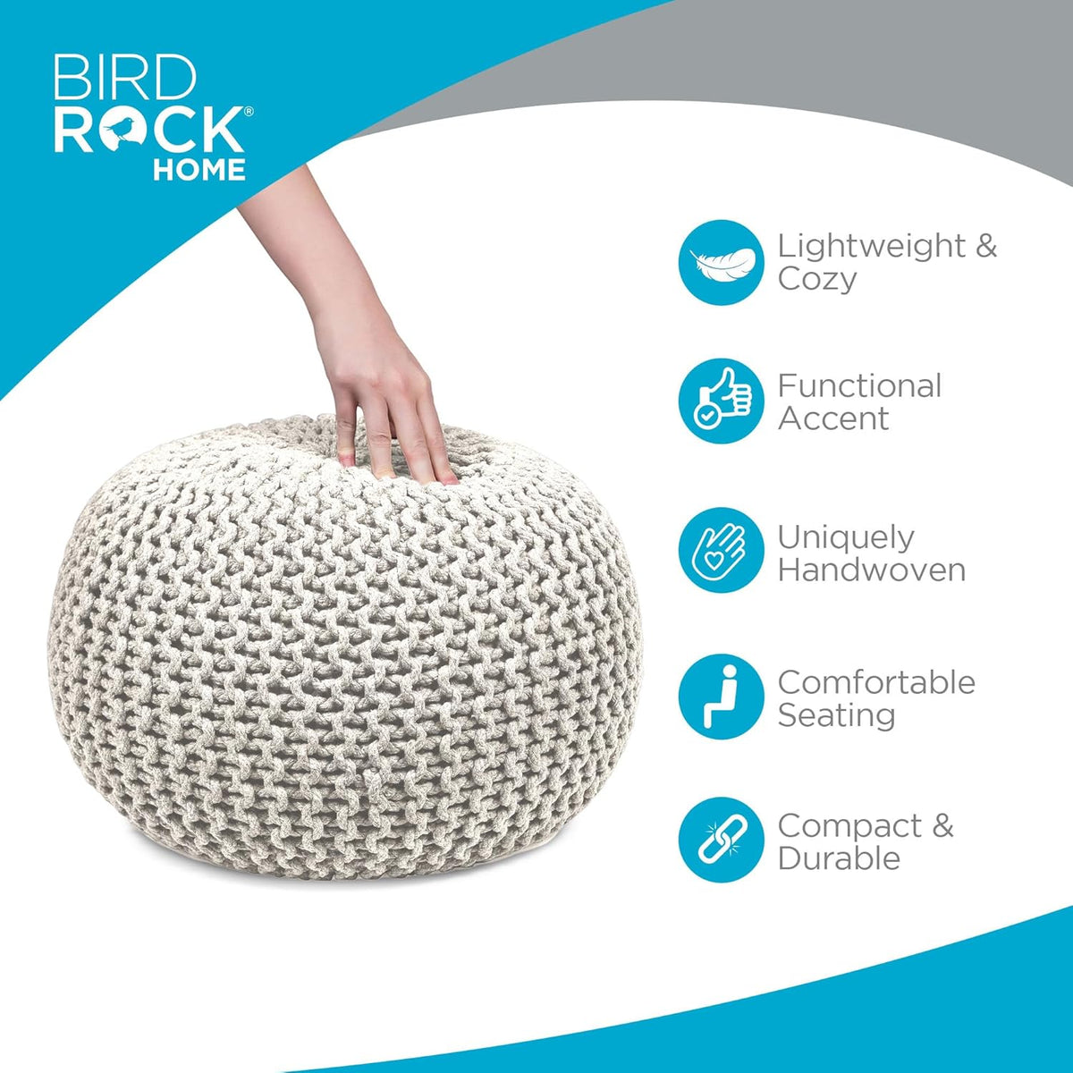 BIRDROCK HOME Round Pouf Ottoman | Cotton Braided Foot Stool with Bean Bag Filling | Boho Foot Rest