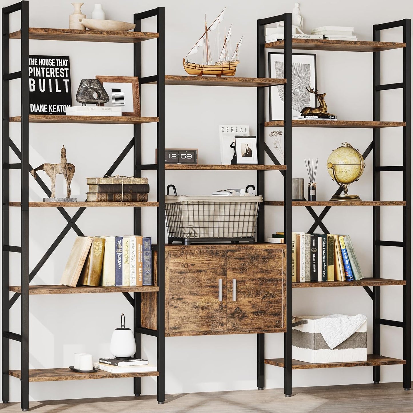 70 x70" Triple 5 Tier Book Shelf, Industrial Large Bookcase with Storage Cabinet, Tall Bookshelf