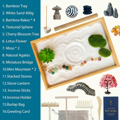 Threeheng Mini Japanese Zen Sand Garden Kit for Desk, Muti-Functional Sand Tray Therapy Kit with
