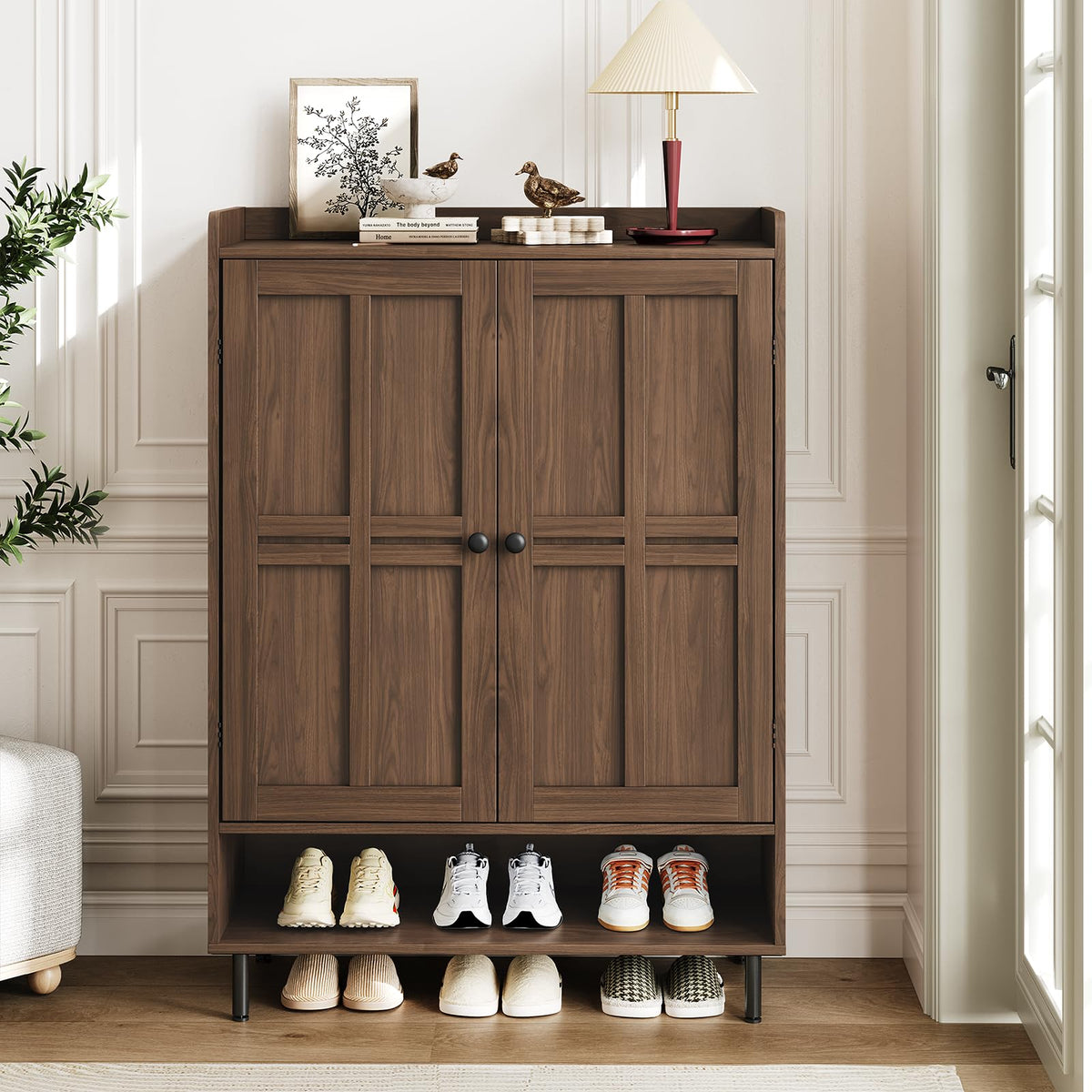 ComfyCorner Shoe Cabinet with Cross Molding Doors, 6-Tier Storage, Walnut