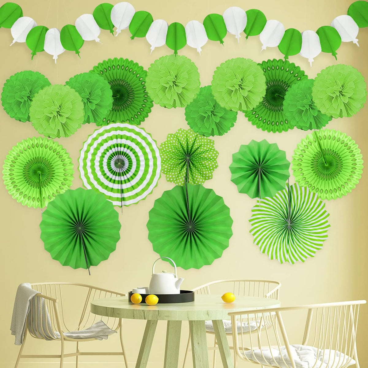 Green Party Decorations, Papar Fans Pompoms Fans Garlands for Birthday Wedding Graduation Summer