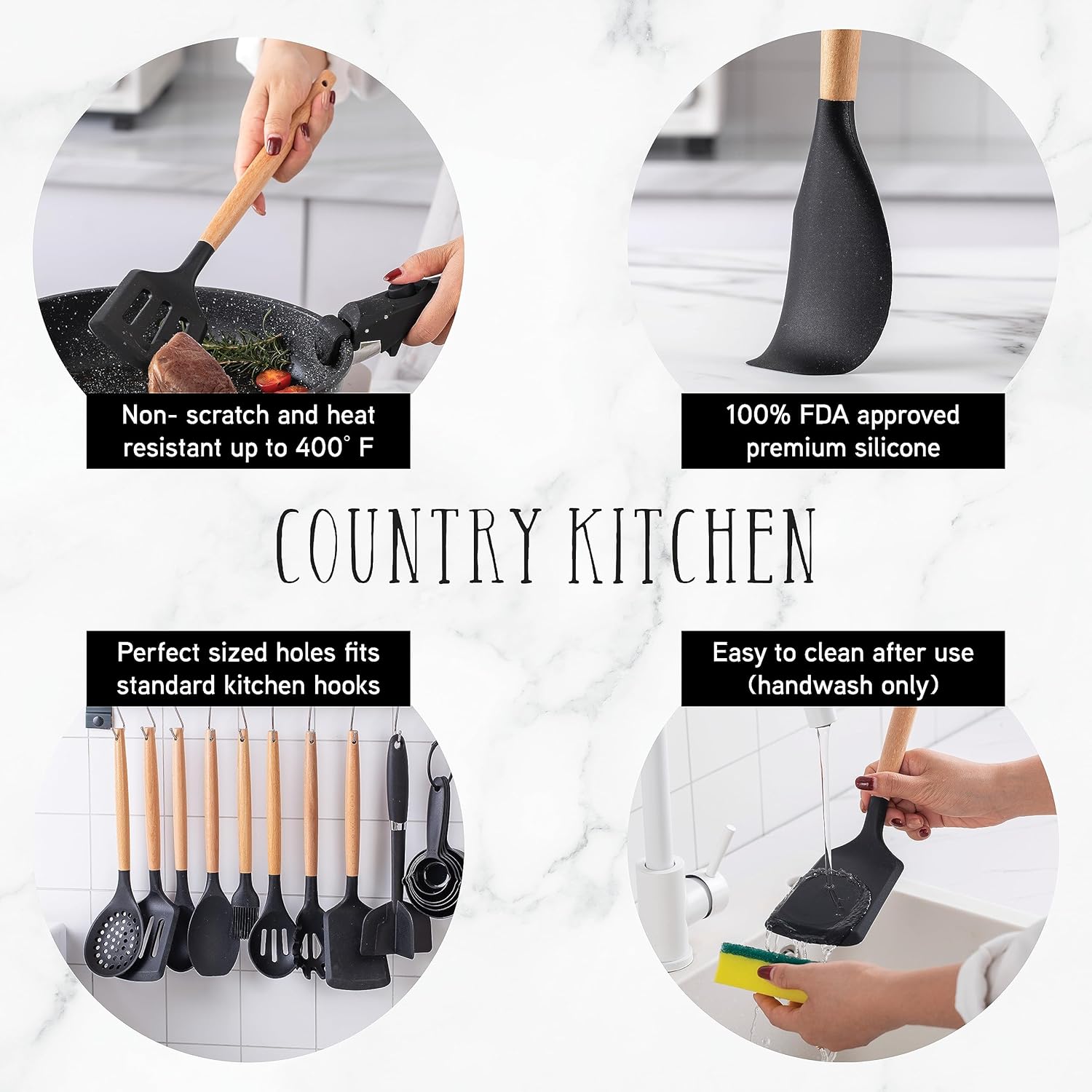 Country Kitchen Non Stick Silicone Utensil Set with Rounded Wood Handles for Cooking and Baking, 38