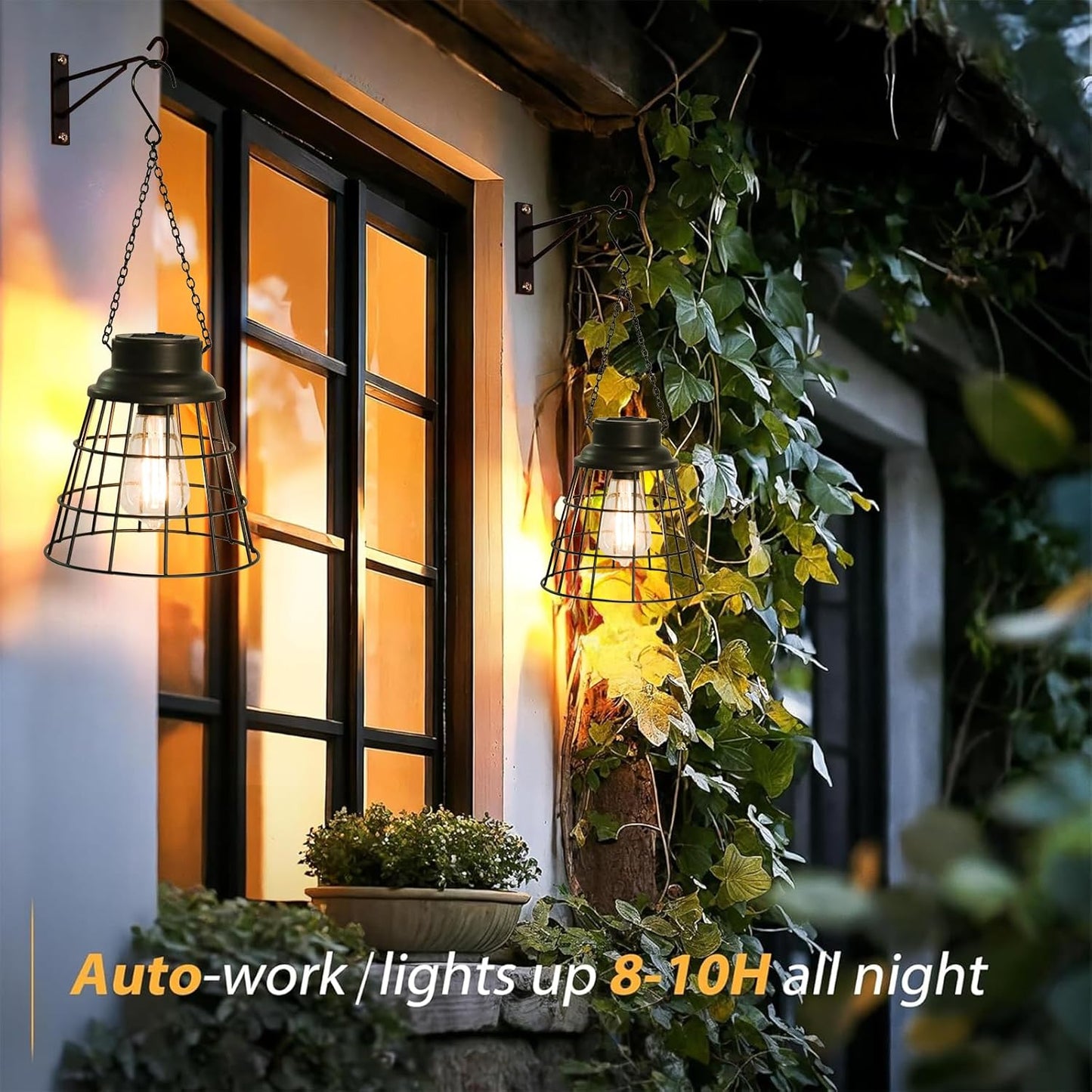 2 Pack Solar Lanterns Outdoor Waterproof , Metal Cage Design with Replaceable LED Bulb, Waterproof