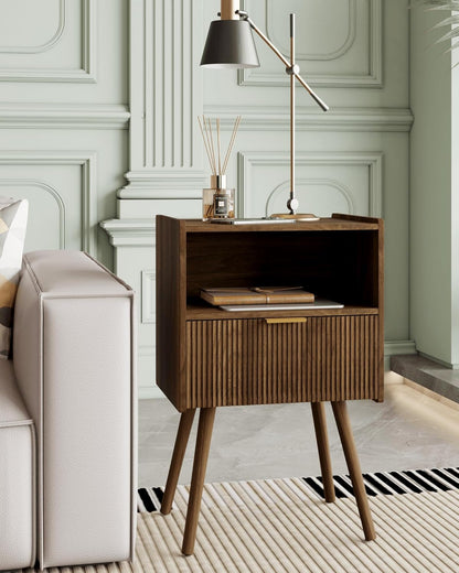 Nightstand,Modern Bedside Table with Storage Drawer and Open Wood Shelf, Accent Night Stand with