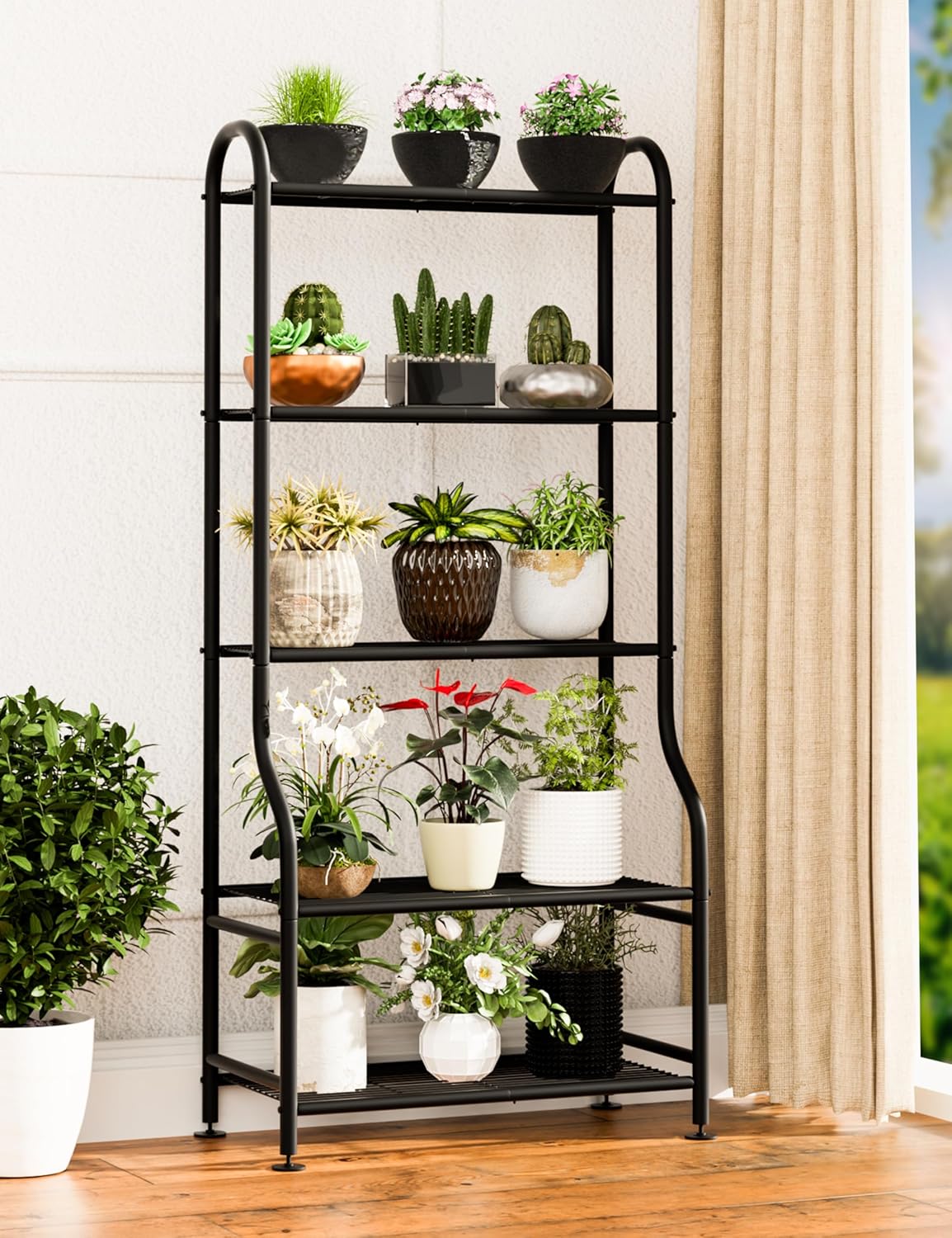 5-Tier Metal Plant Stand Indoor Outdoor, Waterproof Flower Stand for Multiple Pots, Heavy Duty