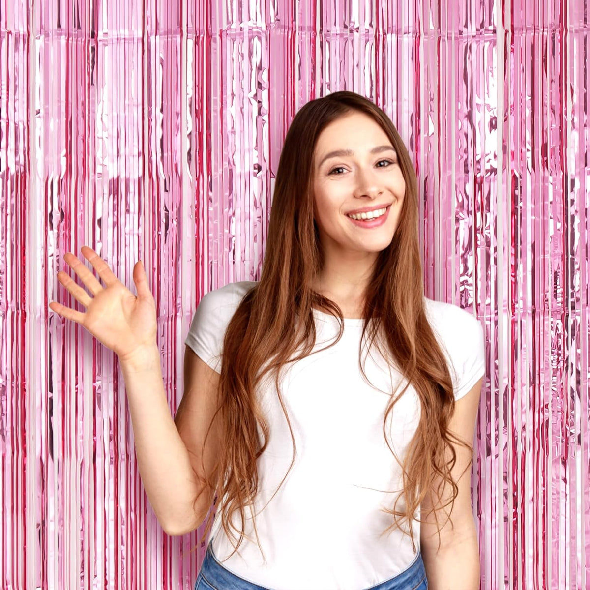 3 Pack 3.3 x 8.2 ft Light Pink Foil Fringe Backdrop Curtains, Tinsel Streamers Birthday Party