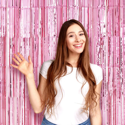3 Pack 3.3 x 8.2 ft Light Pink Foil Fringe Backdrop Curtains, Tinsel Streamers Birthday Party