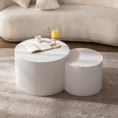 Round Nesting Coffee Table Modern White Fluted Coffee Table Set of 2 Stripe Round Coffee Tables