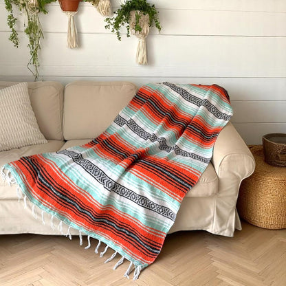 Traditional Handwoven Mexican Blanket, Large Falsa Serape - Soft & Durable - Vibrant Beach, Picnic