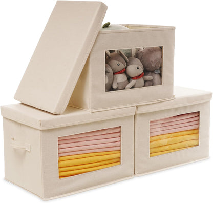Citylife 3 Pack Storage Bins with Lids, Fabric Foldable Storage Bins with Soft Cord Handles, Canvas