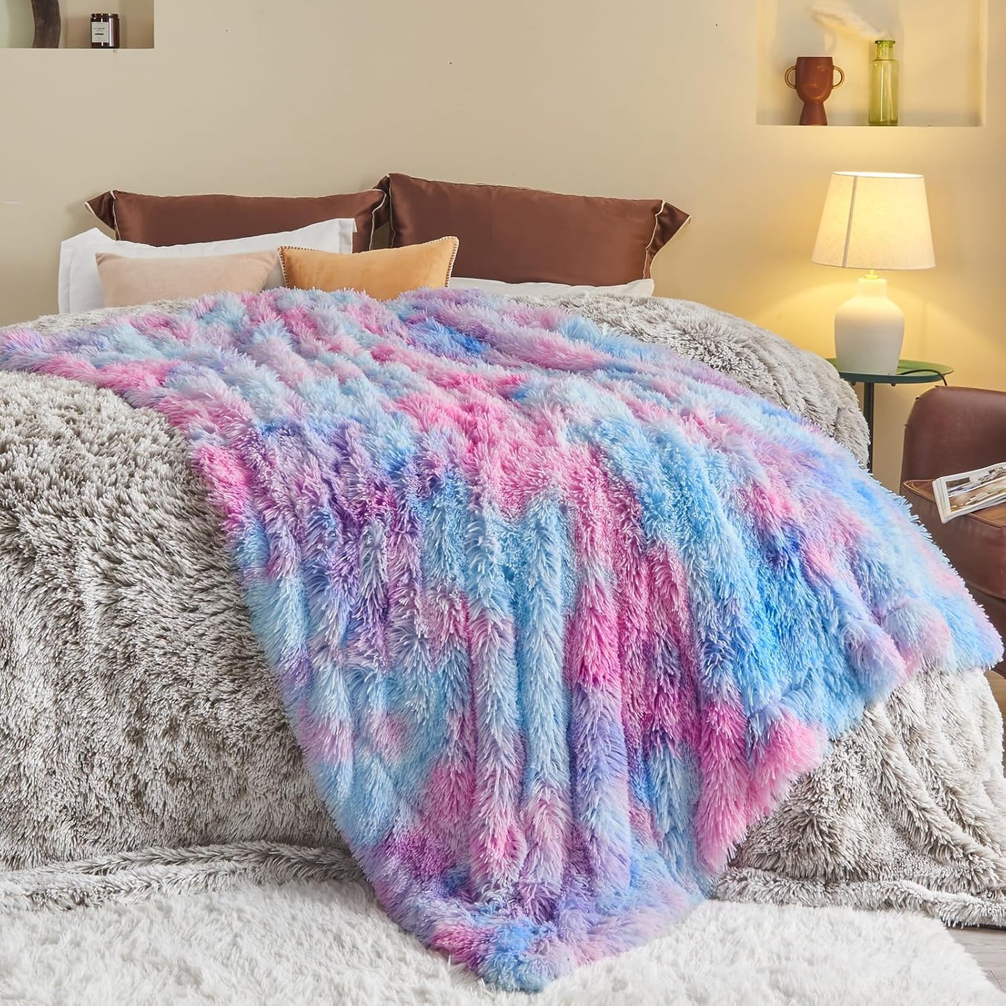 GONAAP Fuzzy Faux Fur Throw Blanket Queen Size Purple Rainbow Super Soft Cozy Plush Fuzzy Shaggy