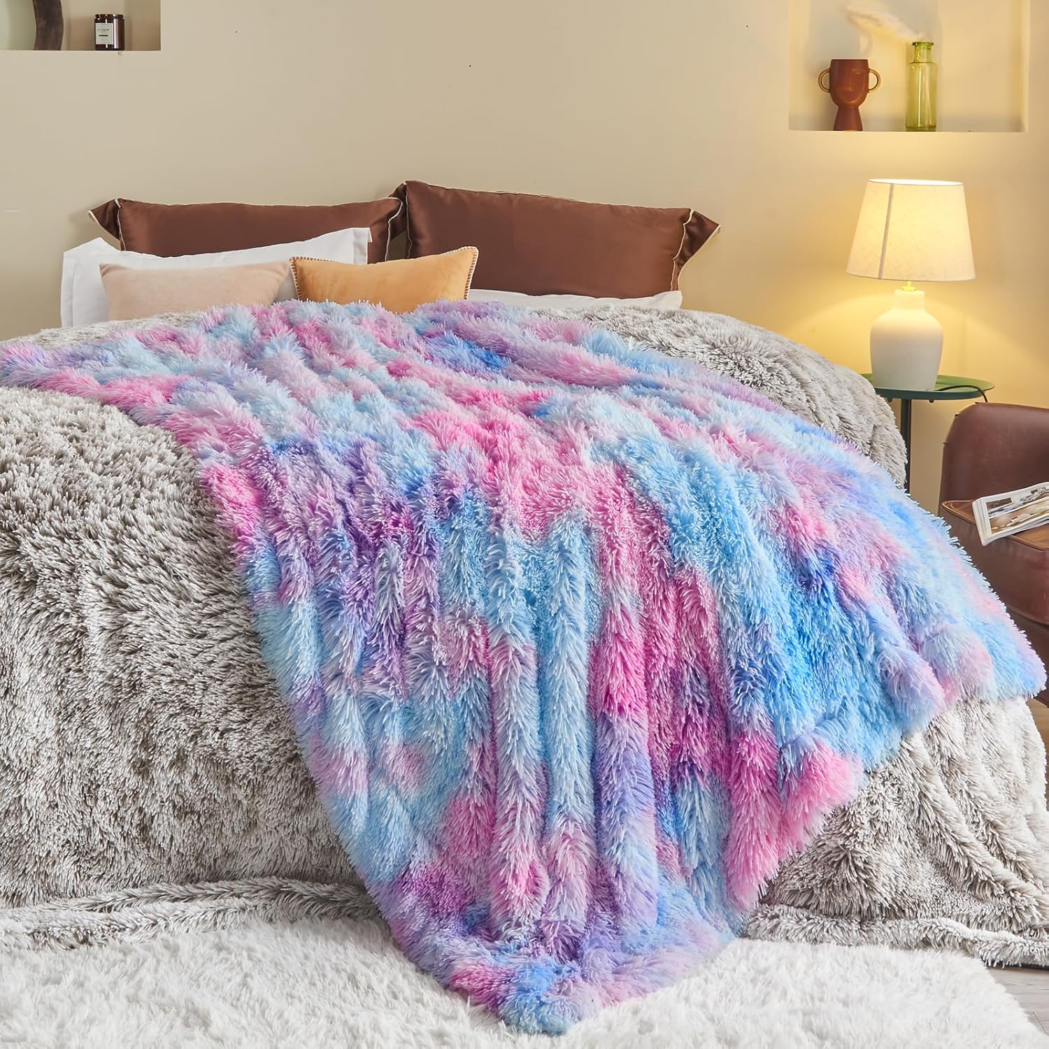 GONAAP Fuzzy Faux Fur Throw Blanket Queen Size Purple Rainbow Super Soft Cozy Plush Fuzzy Shaggy