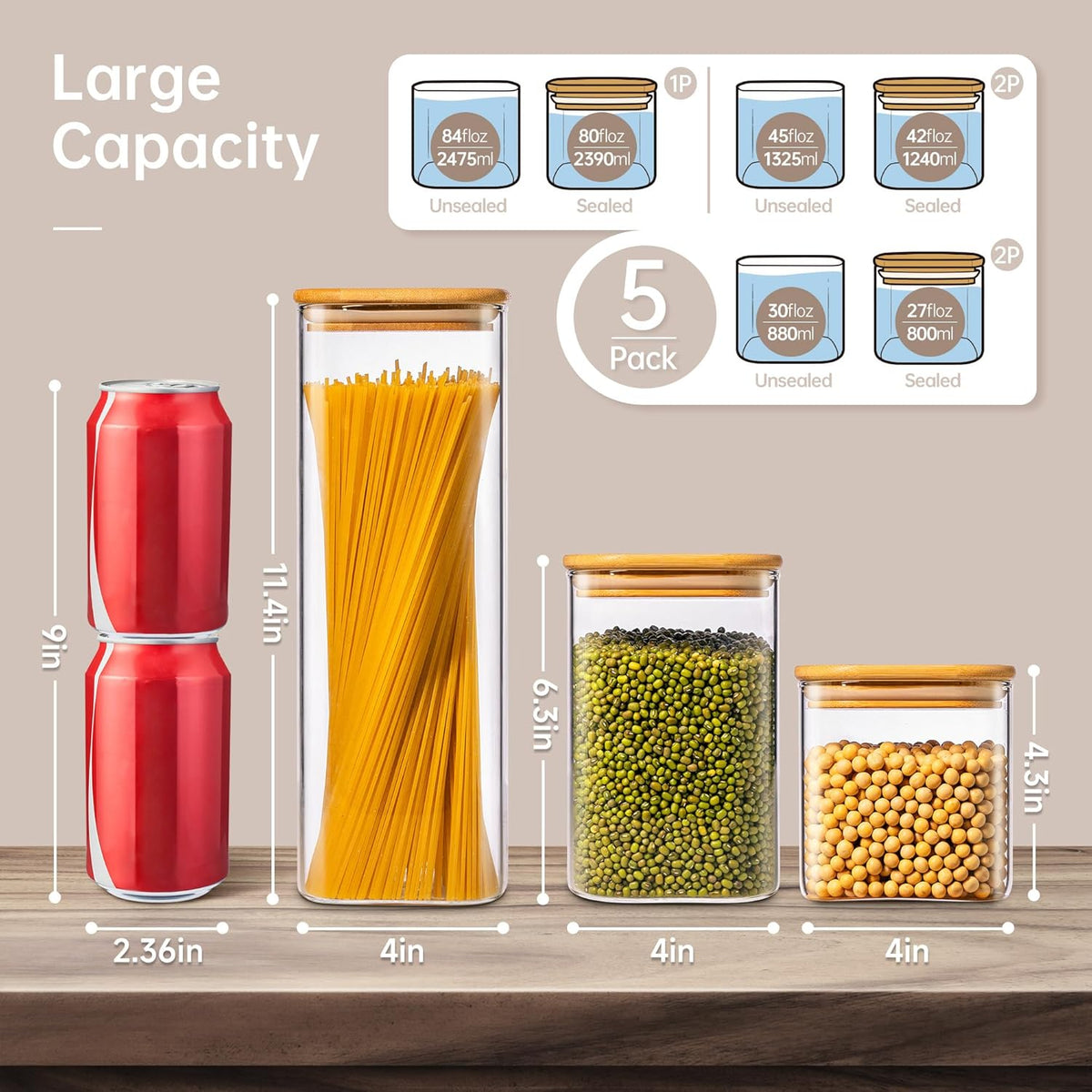 Multi Size - 5 Pack Square Glass Jars with Bamboo Lids, Glass Food Storage Containers with Airtight
