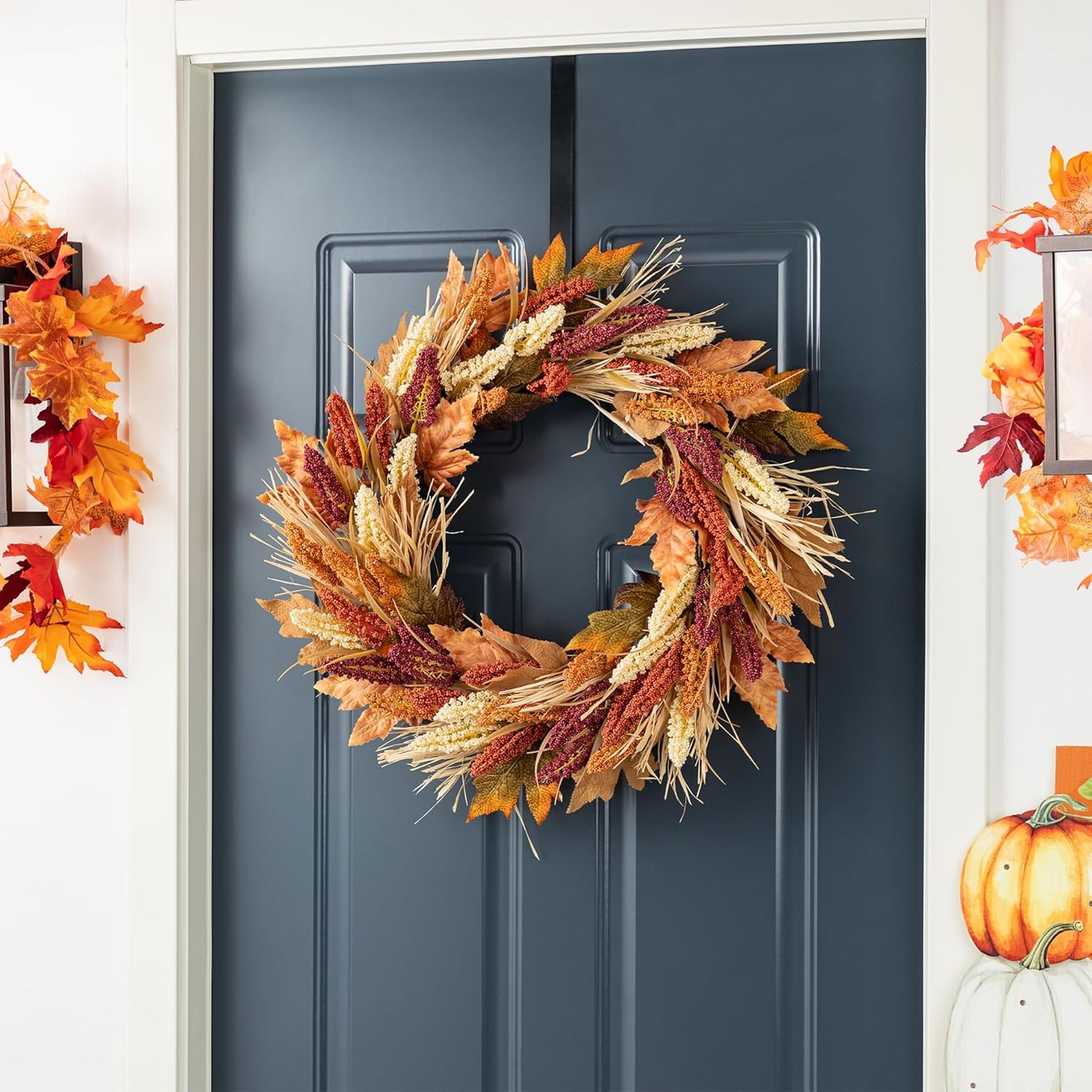Glitzhome 24" D Fall Sorghum Wreath with Metal Hanger, Harvest Wreath for Front Door, Fall Door