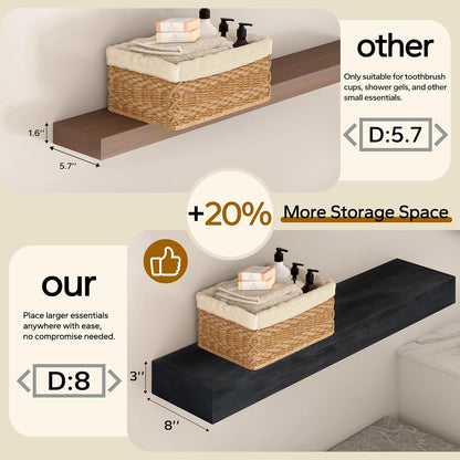 Floating Shelves 3 inch Thick for Wall Set of 2,Solid Pine Wood Wall Mount Shelf for Kitchen Living