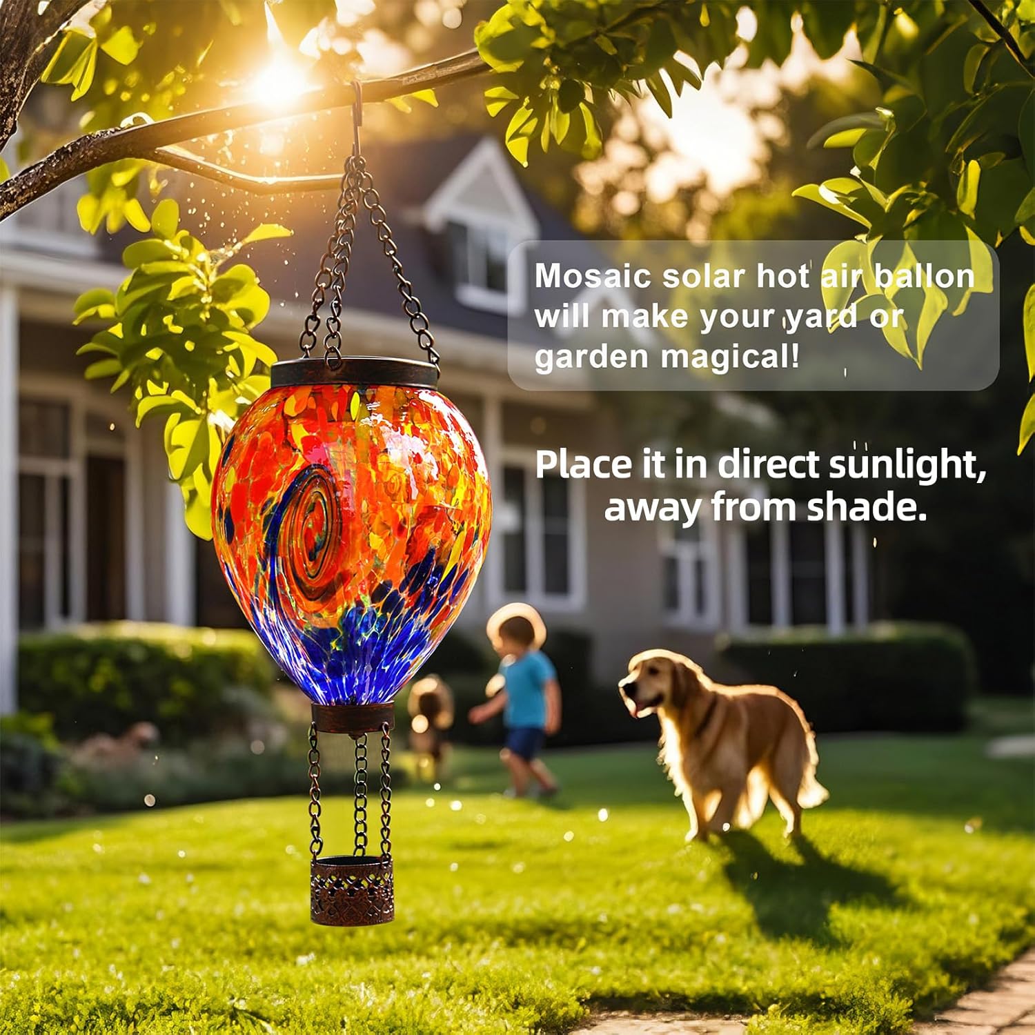 VOREEN Solar Hot Air Balloon Light – Hand Blown Colorful Glass Outdoor Hanging Lantern, Waterproof