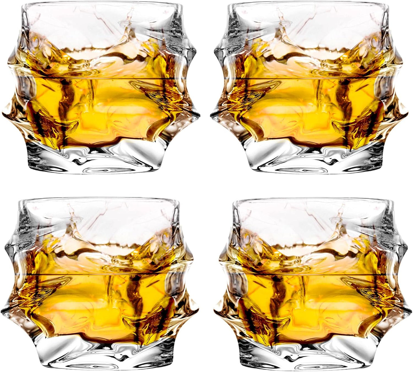 12 oz Hand Blown Crystal Whiskey Glasses Set of 4, Unique Cognac Glass, Heavy Thick Bottom Bar