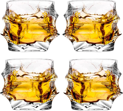 12 oz Hand Blown Crystal Whiskey Glasses Set of 4, Unique Cognac Glass, Heavy Thick Bottom Bar