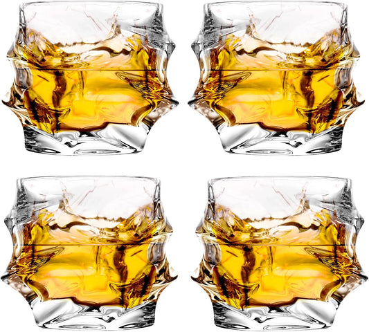 12 oz Hand Blown Crystal Whiskey Glasses Set of 4, Unique Cognac Glass, Heavy Thick Bottom Bar