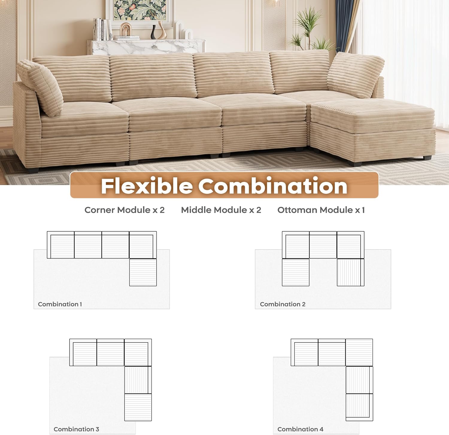 ovios Sectional Sofa Couch with L-Shape Chaise Ottoman, Comfy Modular Cloud Couches with Deep Seat