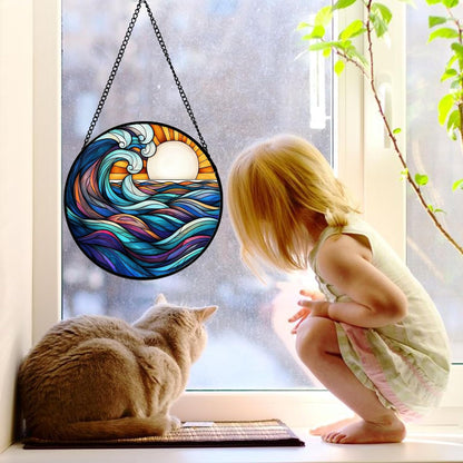Stained Glass Window Hanging, Big Wave Sun Suncatcher Diamond Glass Panel Hangings Abstract Sun