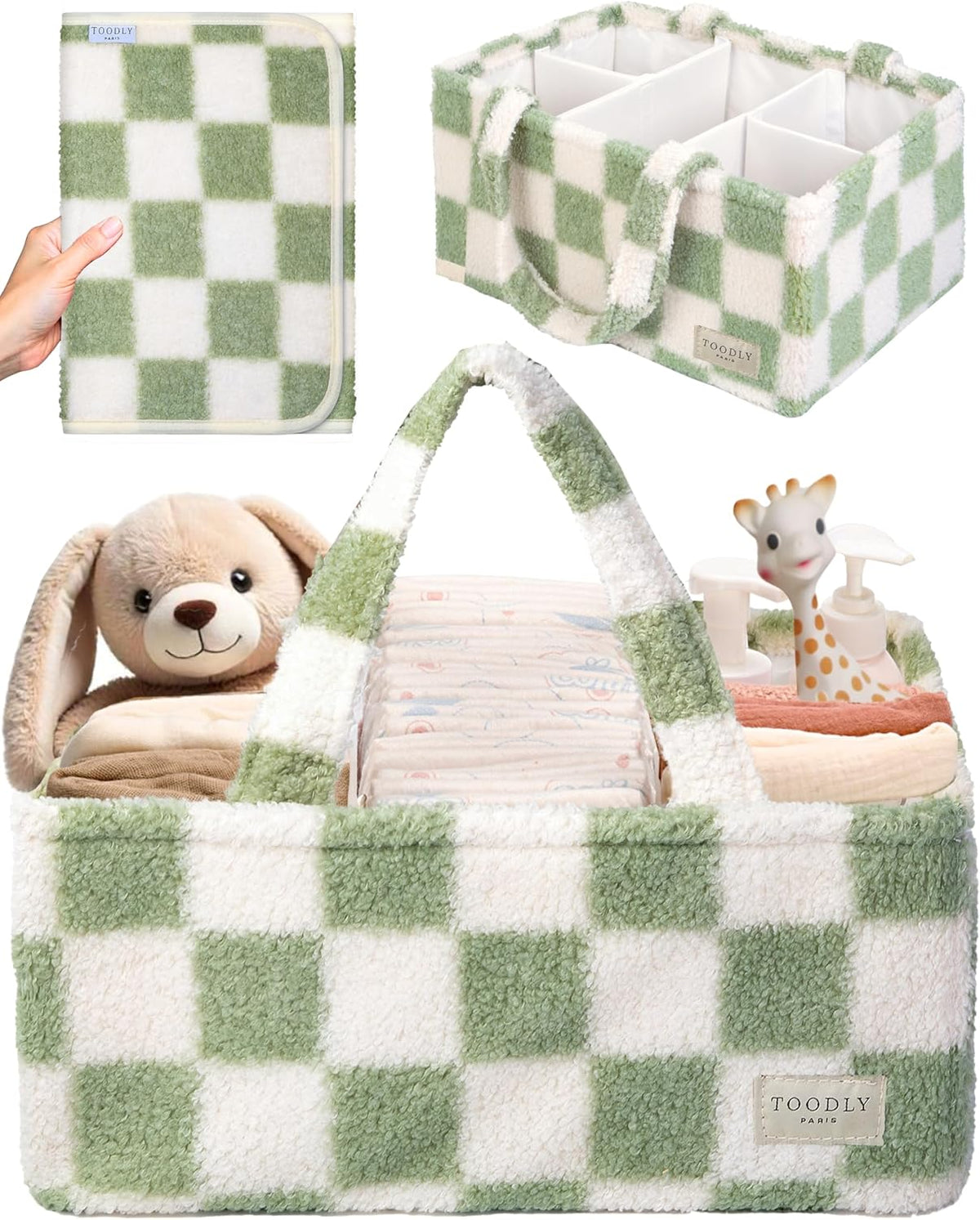 Checkered Diaper Caddy Organizer with Portable Changing Mat - Teddy Fleece Diaper Organizer for