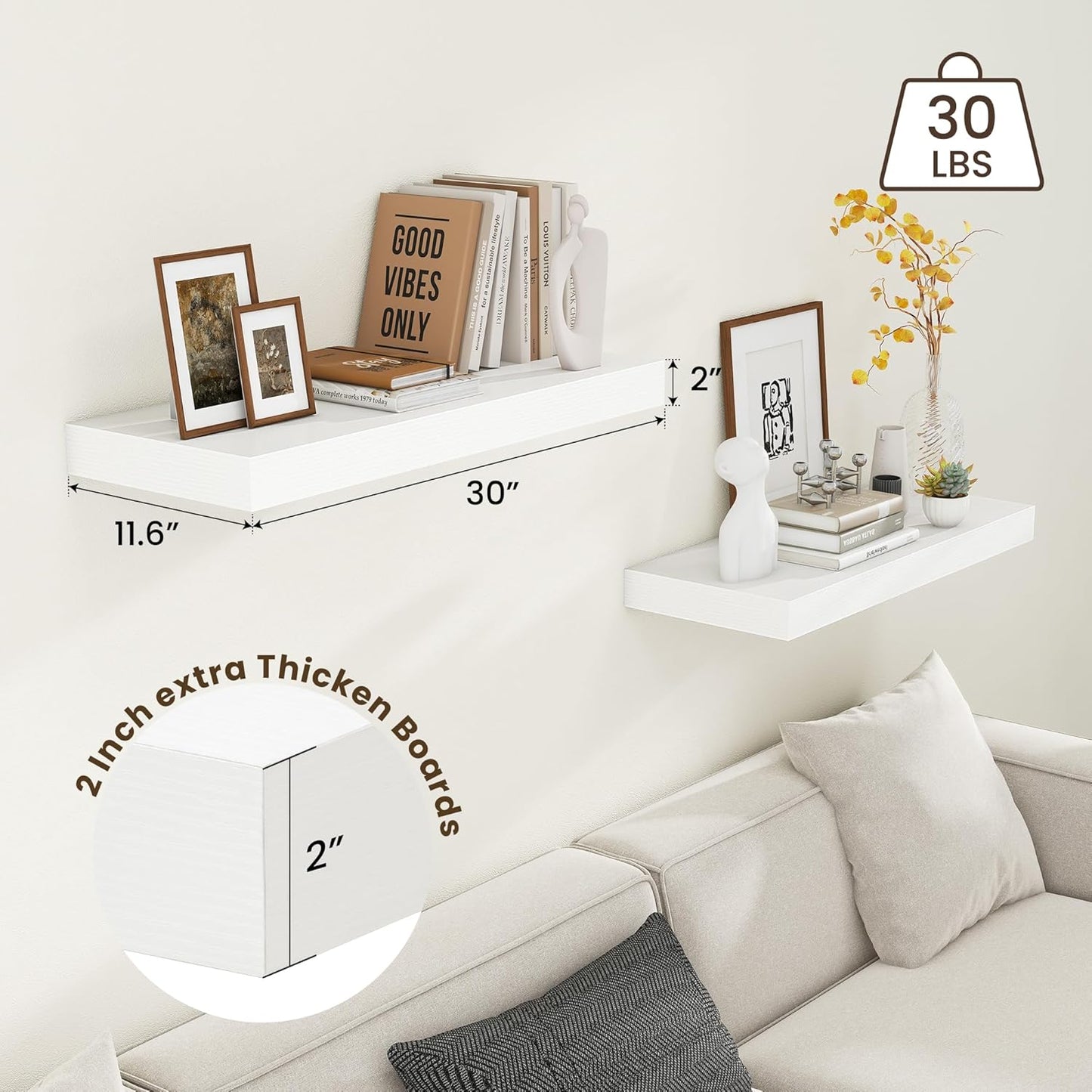 Deep Floating Shelves | 30 Inch Floating Shelves for Wall Set of 2 | 12 Inch Deep White Shelves for