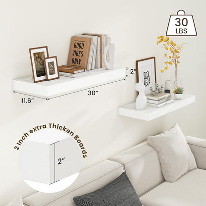 Deep Floating Shelves | 30 Inch Floating Shelves for Wall Set of 2 | 12 Inch Deep White Shelves for