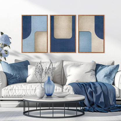 KAIRNE Blue Modern Abstract Canvas Wall Art,Neutral Prints Set of 3(16”X24”),Simple Design Wall