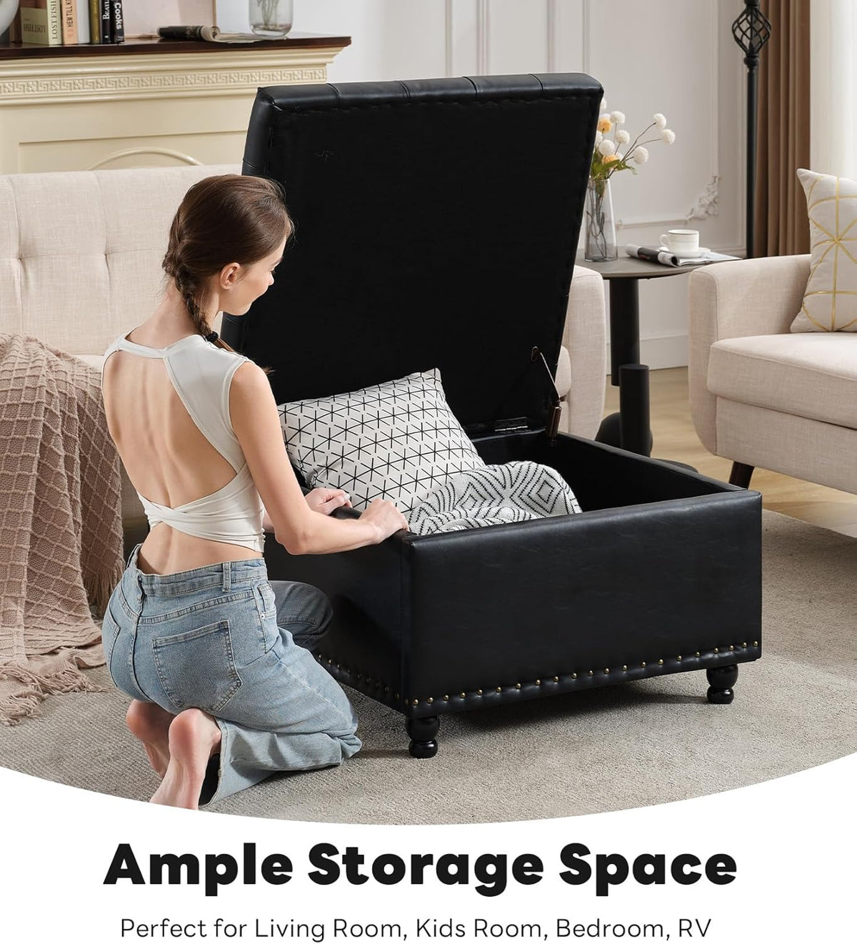 Tbfit Large Square Storage Ottoman Bench, Button Tufted Coffee Table, Oversized Storage Ottomans
