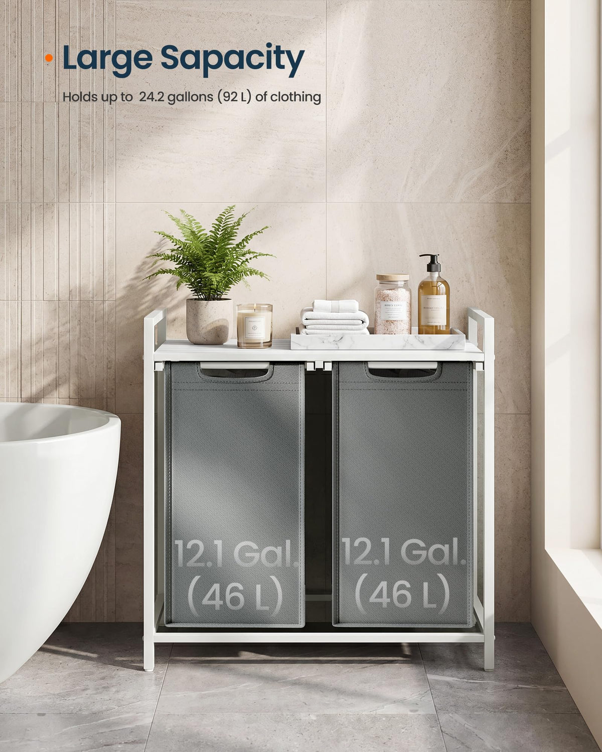 SONGMICS HOME Laundry Basket Sorter with Storage Shelf, Laundry Hamper with Metal Frame, 2 x 12.1