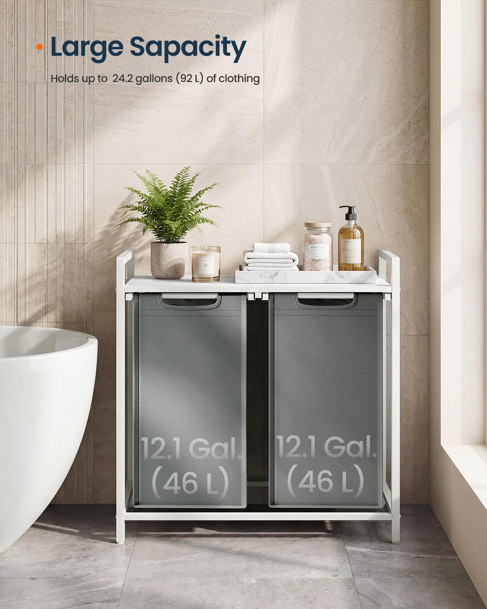 SONGMICS HOME Laundry Basket Sorter with Storage Shelf, Laundry Hamper with Metal Frame, 2 x 12.1