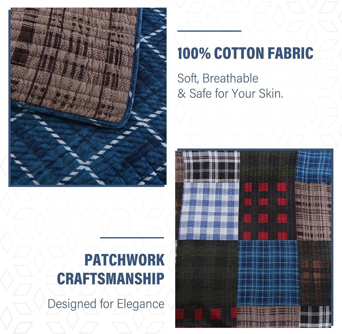 NEWLAKE Quilt Set Queen Size, Cotton Patchwork Blue Black Checkered Patterns Quilt Sets, Reversible