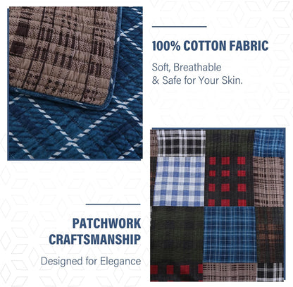 NEWLAKE Quilt Set Queen Size, Cotton Patchwork Blue Black Checkered Patterns Quilt Sets, Reversible