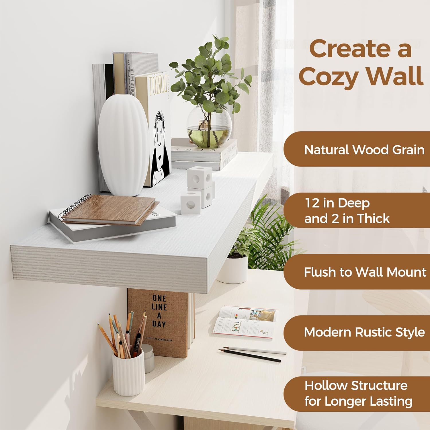 White Floating Shelves 36 Inch Long, 12 Inch Deep Floating Shelves for Wall, 36 x 12 Shelves for