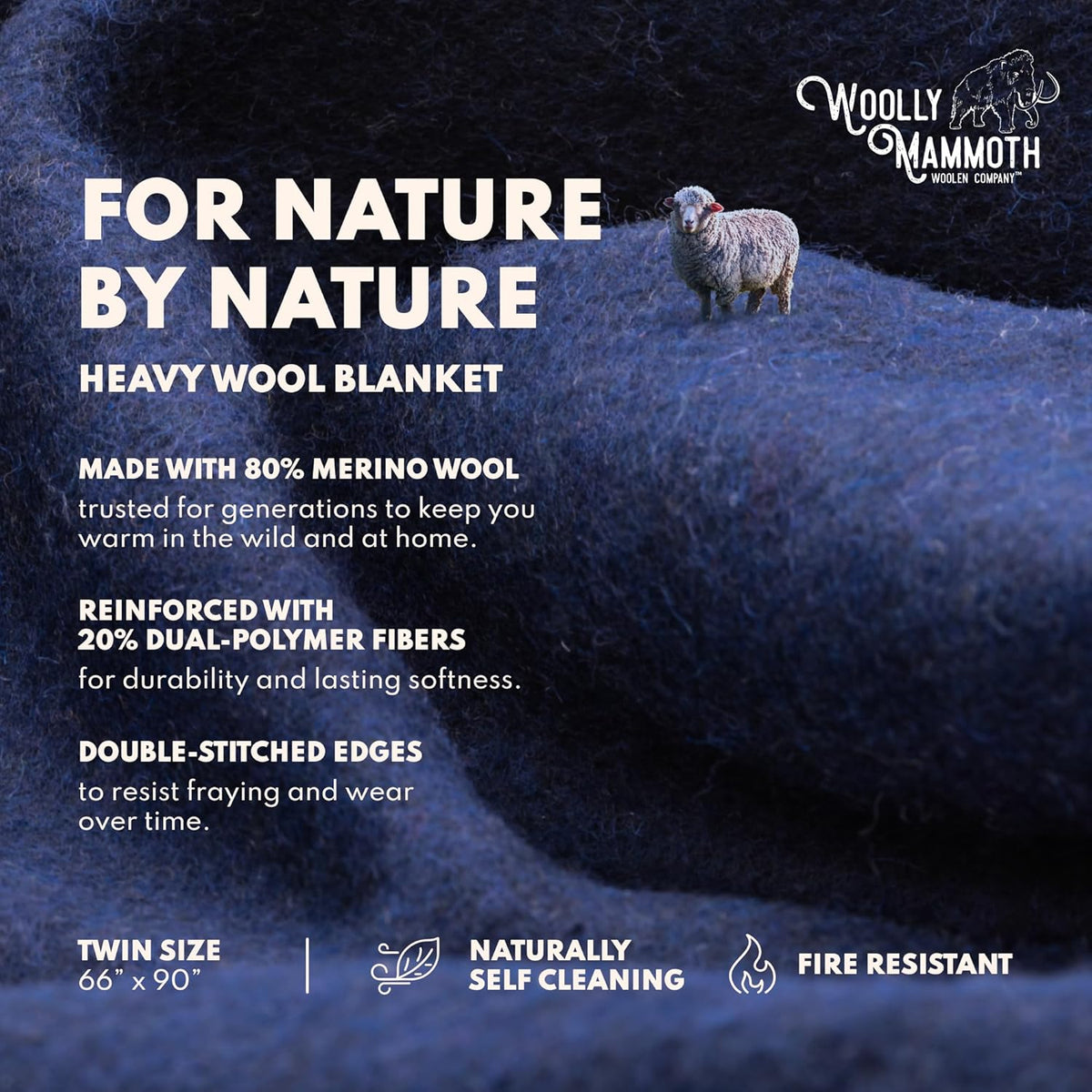 Woolly Mammoth Woolen Company Merino Wool Camping Blanket - 66 x 90 in - Navy Blue - Heavyweight