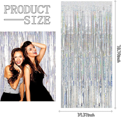 3 Pack Silver Backdrop Curtain Party Decorations Foil Fringe Backdrop Silver Tinsel Streamers