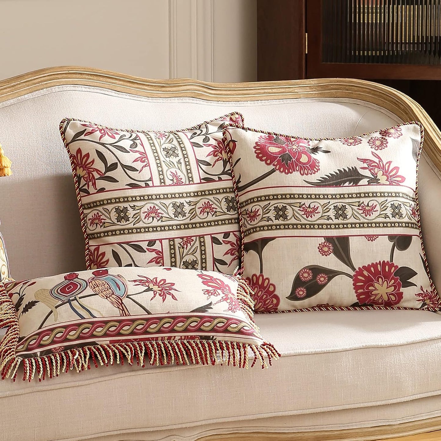 patdrea Designer Throw Pillow Covers Set of 4,Vintage Red Linen Pillowcases with Flower and Birds