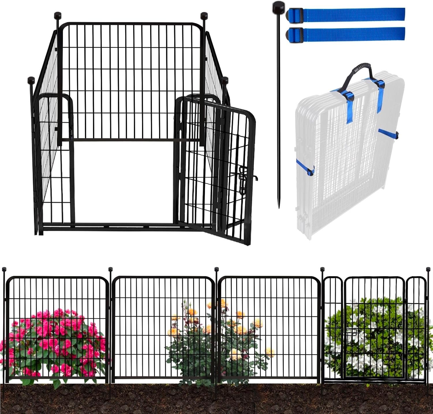 ADAVIN Dog Playpen with Low Threshold Door, 40 inch 4 Panels Total 8.9 Ft(L) Garden Fence, Dog