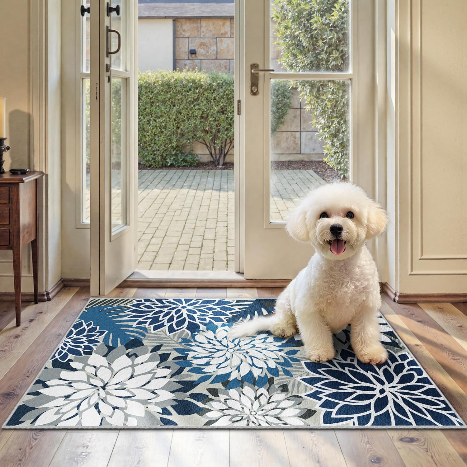 Area Rug 2x3 Blue White Washable Entry Small Rug Multicolored Tropical Botanical Modern Floral