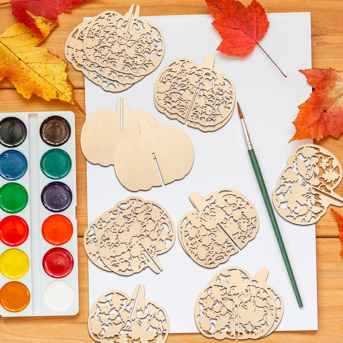 COCHIE DIY 3D Fall Pumpkin Wood Crafts to Paint for Kids Adults, Paintable Unfinished Wooden Slices
