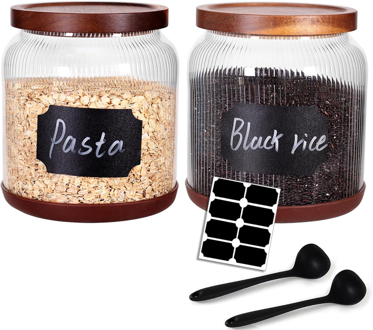 SAIOOL 2-Pack Striped Borosilicate Glass Airtight Canisters - Big mouth Large Capacity, Acacia Wood