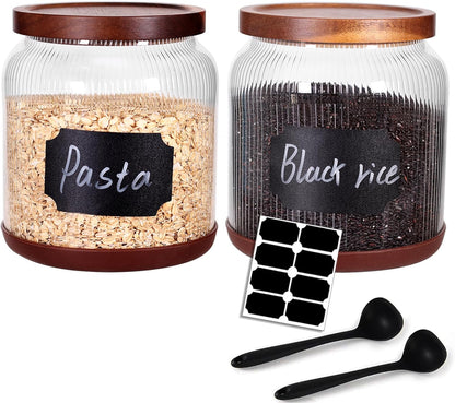SAIOOL 2-Pack Striped Borosilicate Glass Airtight Canisters - Big mouth Large Capacity, Acacia Wood
