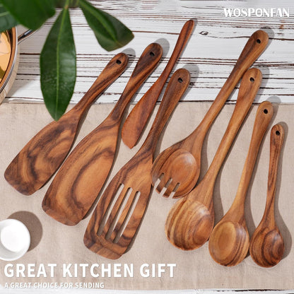 Wooden Cooking Utensils Set, 9 PCS Teak Wood Spoons, Spatula, Slotted Spoon, Handmade Modern
