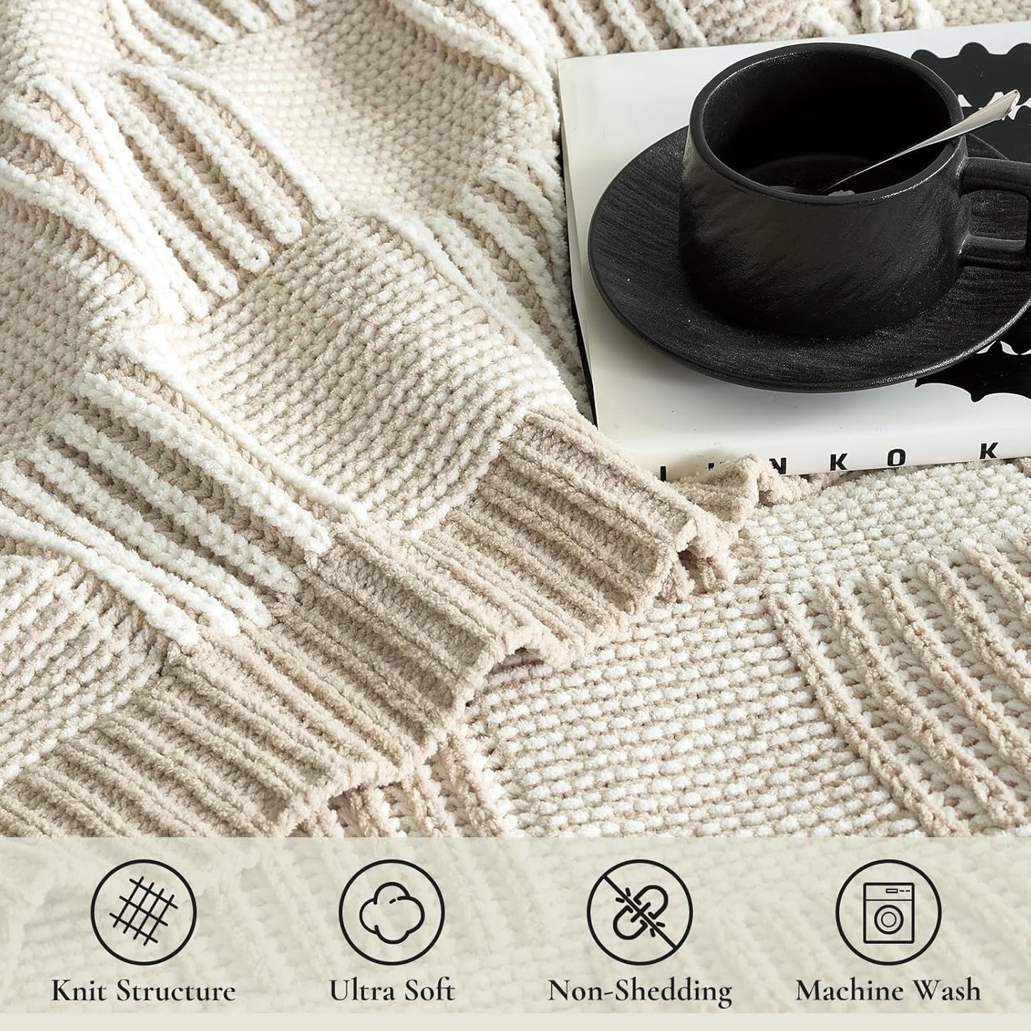 Amélie Home Chenille Knit Throw Blanket for Couch, Checkered Texture Decorative Soft Blanket for